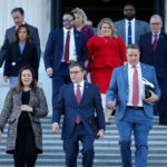 Speaker of the House Mike Johnson (R-LA) (C) walks out of the U.S. Capitol with Rep. Elise Stefanik (R-NY) (L) and Rep. Pat Fallon (R-TX) before delivering remarks.