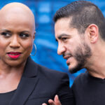 Rep. Ayanna Pressley speaks with Democratic Senate candidate Abdul El-Sayed.