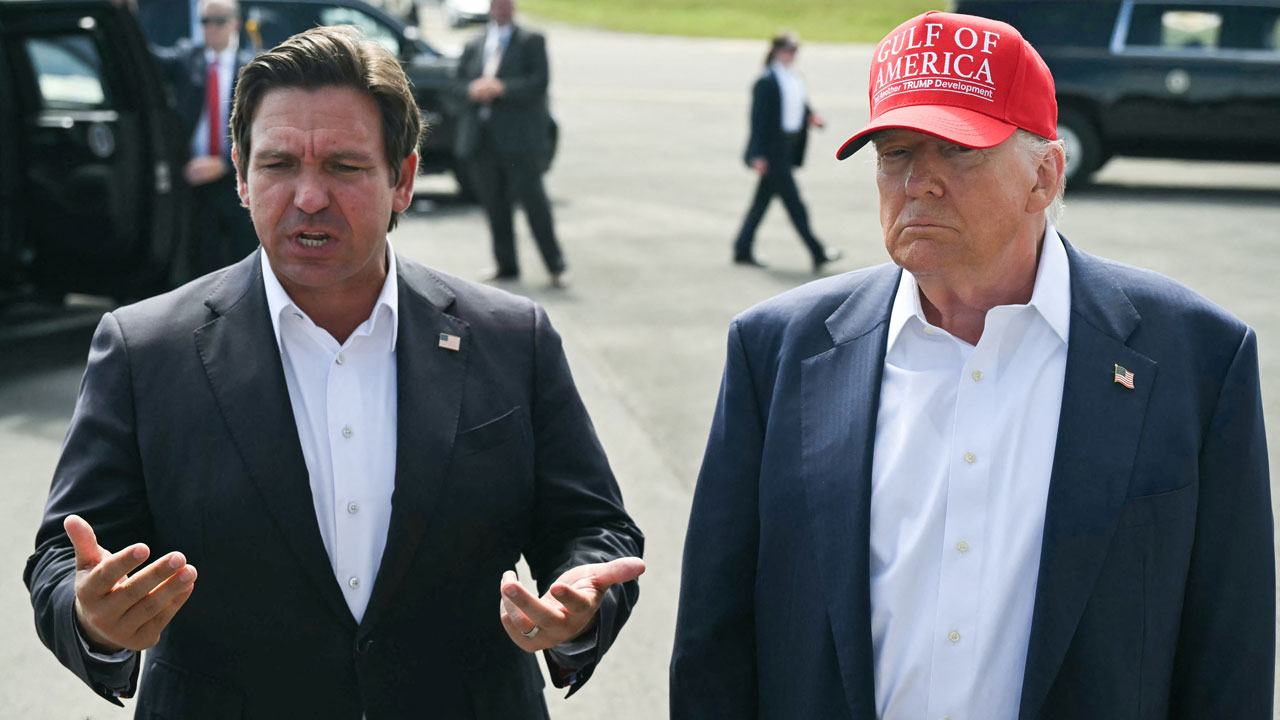 Gov. Ron DeSantis and President Donald Trump speak to reporters.
