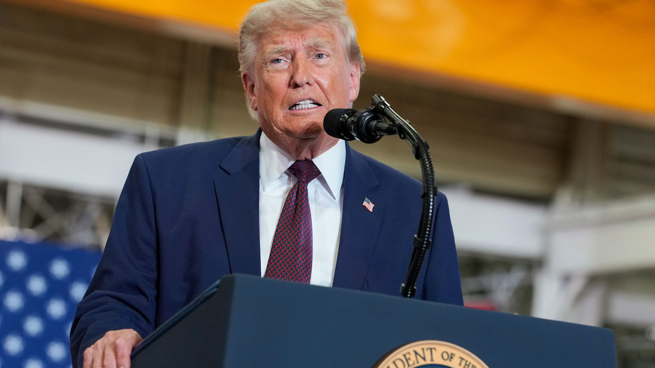 President Donald Trump delivers remarks at the Mack Trucks Lehigh Valley Operations facility.