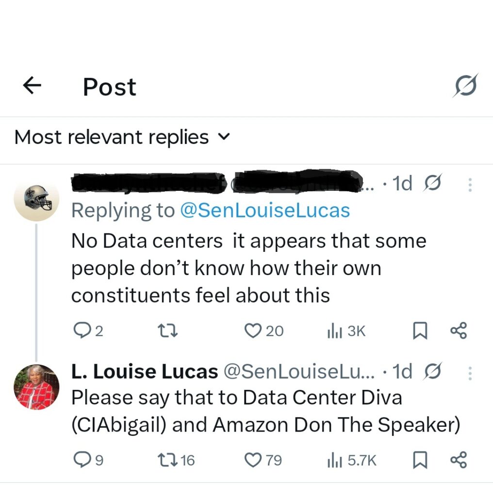 'CIAbigail' Spanberger Wars With Fellow Virginia Democrats 2 Screenshot of X post where Virginia Sen. Louise Lucas refers to Gov. Spanberger as "Data Center Diva."