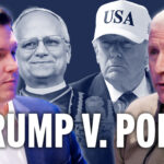 Four men are shown, two in full color and two in grayscale. The text “TRUMP V. POPE” is overlaid. One grayscale man, clearly depicted as the pope, stands opposite a man wearing a “USA” hat. The scene suggests a debate or comparison between Trump and the pope.