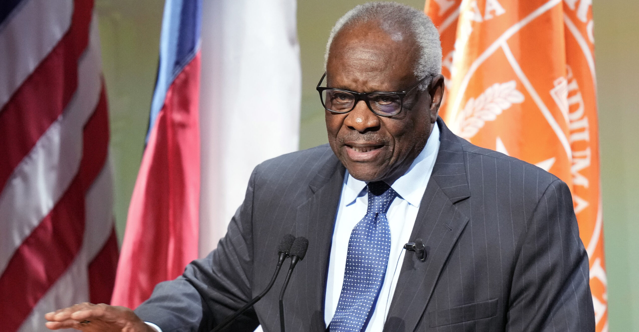 AUSTIN, TEXAS - APRIL 15: U.S. Supreme Court Justice Clarence Thomas speaks during a special lecture celebrating the 250th anniversary of the signing of the Declaration of Independence at Hogg Memorial Auditorium at the University of Texas on Wednesday, April 15, 2026. (Jay Janner/The Austin American-Statesman via Getty Images)