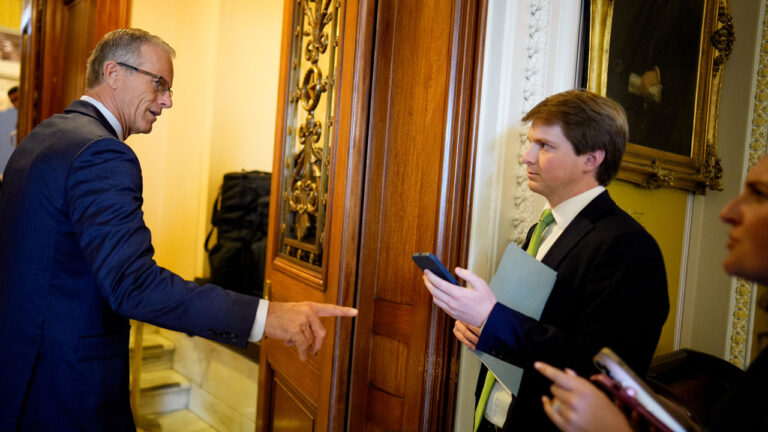 Senate Majority Leader John Thune (R-SD) speaks to reporters as he walks into the Senate Chamber of the U.S.