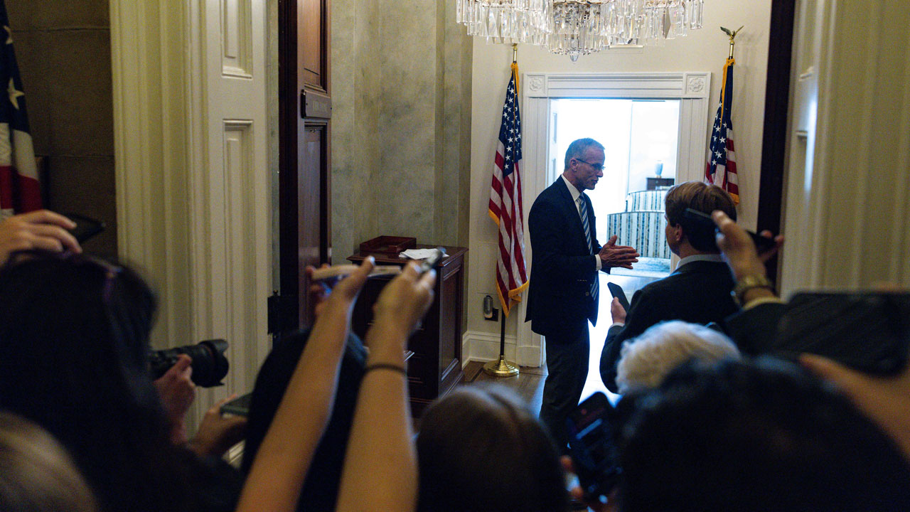 John Thune (R-SD) walks from the Senate Chambers in the U.S. Capitol Building on July 23, 2026 in Washington, DC. Thune answered questions from reporters about comments made by the White House regarding his ability to pass the SAVE Act.