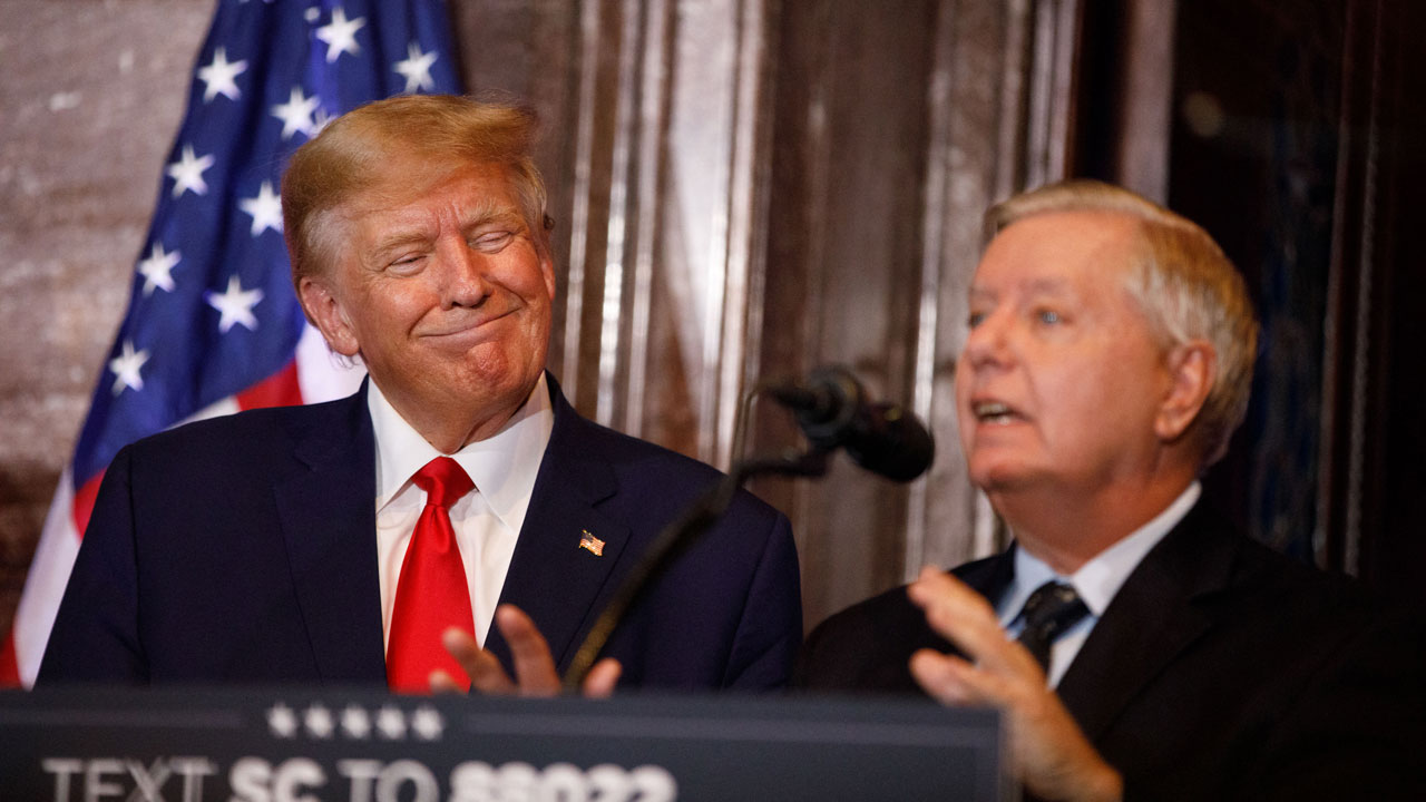 Lindsey Graham (R-SC) addresses the crowd during a 2024 election campaign event in Columbia, South Carolina.