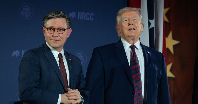 President Donald Trump and Speaker of the House of Representatives Mike Johnson attend the National Republican Congressional Committee's annual fundraising dinner on March 25, 2026.