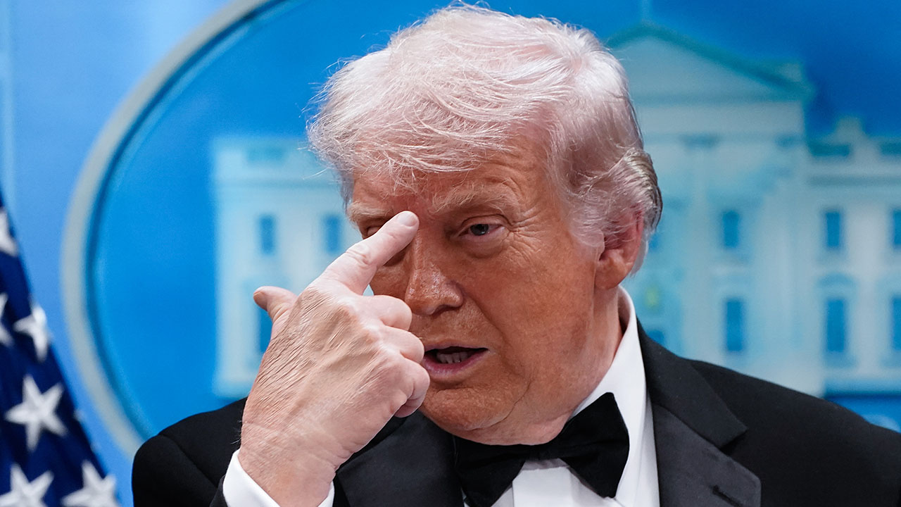 President Donald Trump in a tuxedo discusses leftist political violence