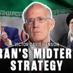 Collage featuring Victor Davis Hanson flanked by President Trump and the late Ayatollah Khamanei with caption "Iran's Midterm Strategy."