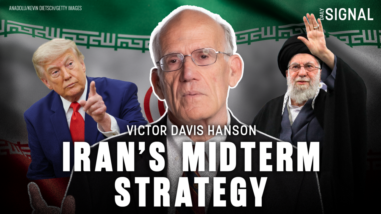 Collage featuring Victor Davis Hanson flanked by President Trump and the late Ayatollah Khamanei with caption "Iran's Midterm Strategy."