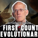 Victor Davis Hanson against a background of Donald Trump as Washington crossing the Delaware and Trump as Washington in a classic portrait. Caption: "The First Counter-Revolutionary"