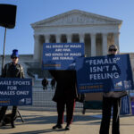 WASHINGTON, DC - JANUARY 13: Protesters who align with the Democratic Party but are against transgender athletes competing in women's sports gather outside the Supreme Court on January 13, 2026 in Washington, DC. Groups from both sides of the debate gathered on Tuesday morning to protest while two cases that prohibit transgender girls from joining girls' and women's sports teams are heard inside the Supreme Court. (Photo by Heather Diehl/Getty Images)