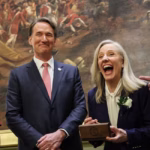 Virginia Governor Abigail Spanberger and former Virginia Governor Glenn Youngkin before she is sworn in on January 17, 2026.