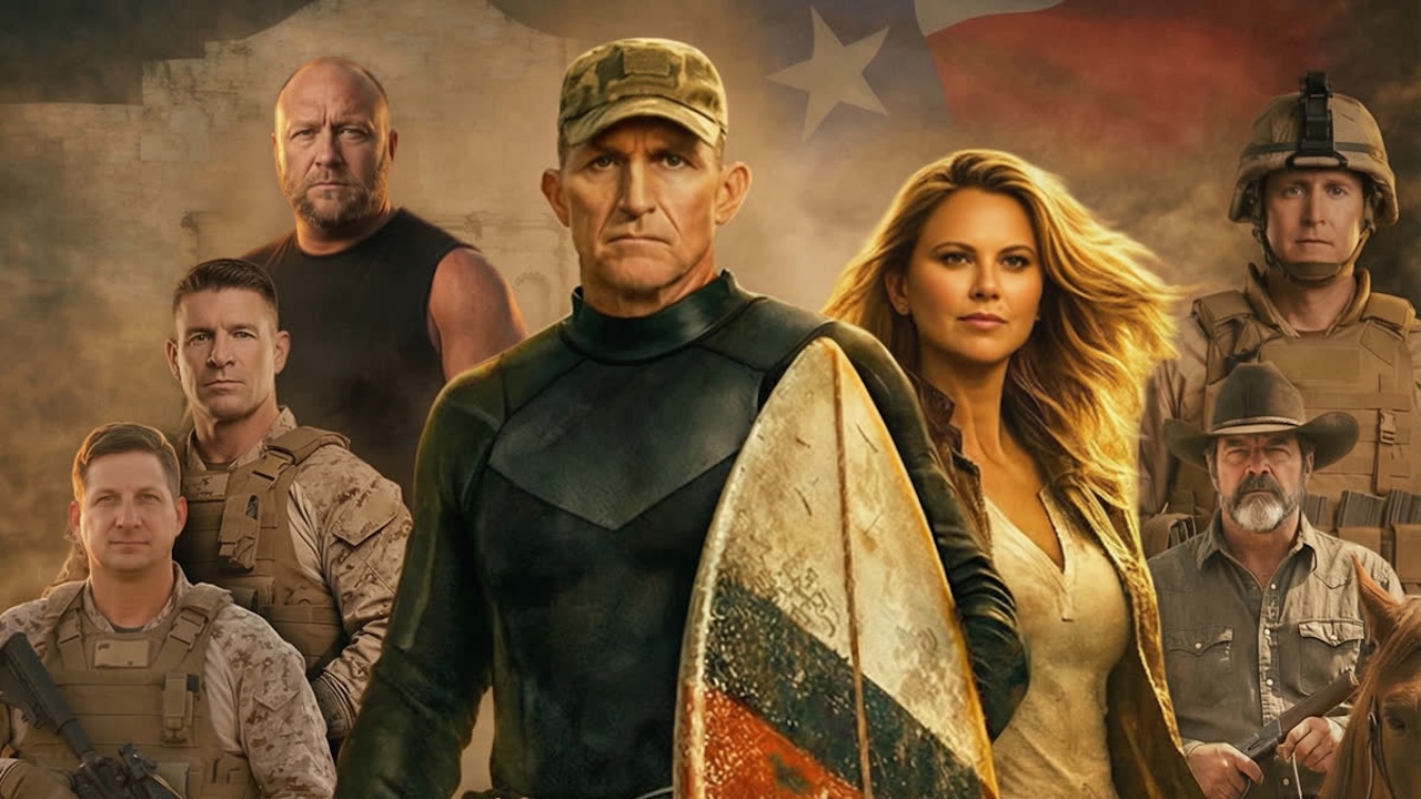 A group of serious-looking men and one woman stand together, some in military gear. One man in front holds a surfboard with a Texas flag design. A faded Texas flag appears in the background.