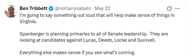 'CIAbigail' Spanberger Wars With Fellow Virginia Democrats 3 Tweet by Ben Tribbett reporting that Gov. Spanberger is planning to primary several top Democrat senators who fight against her.